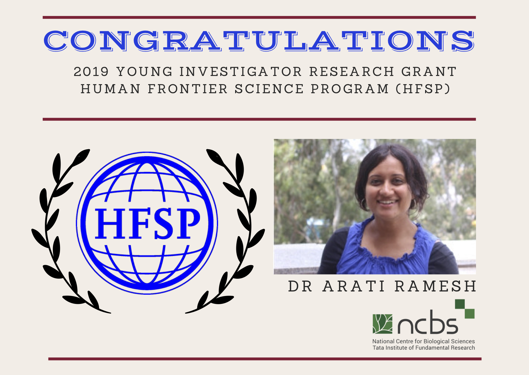 Dr Arati Ramesh awarded the 2019 HFSP Young Investigator Grant