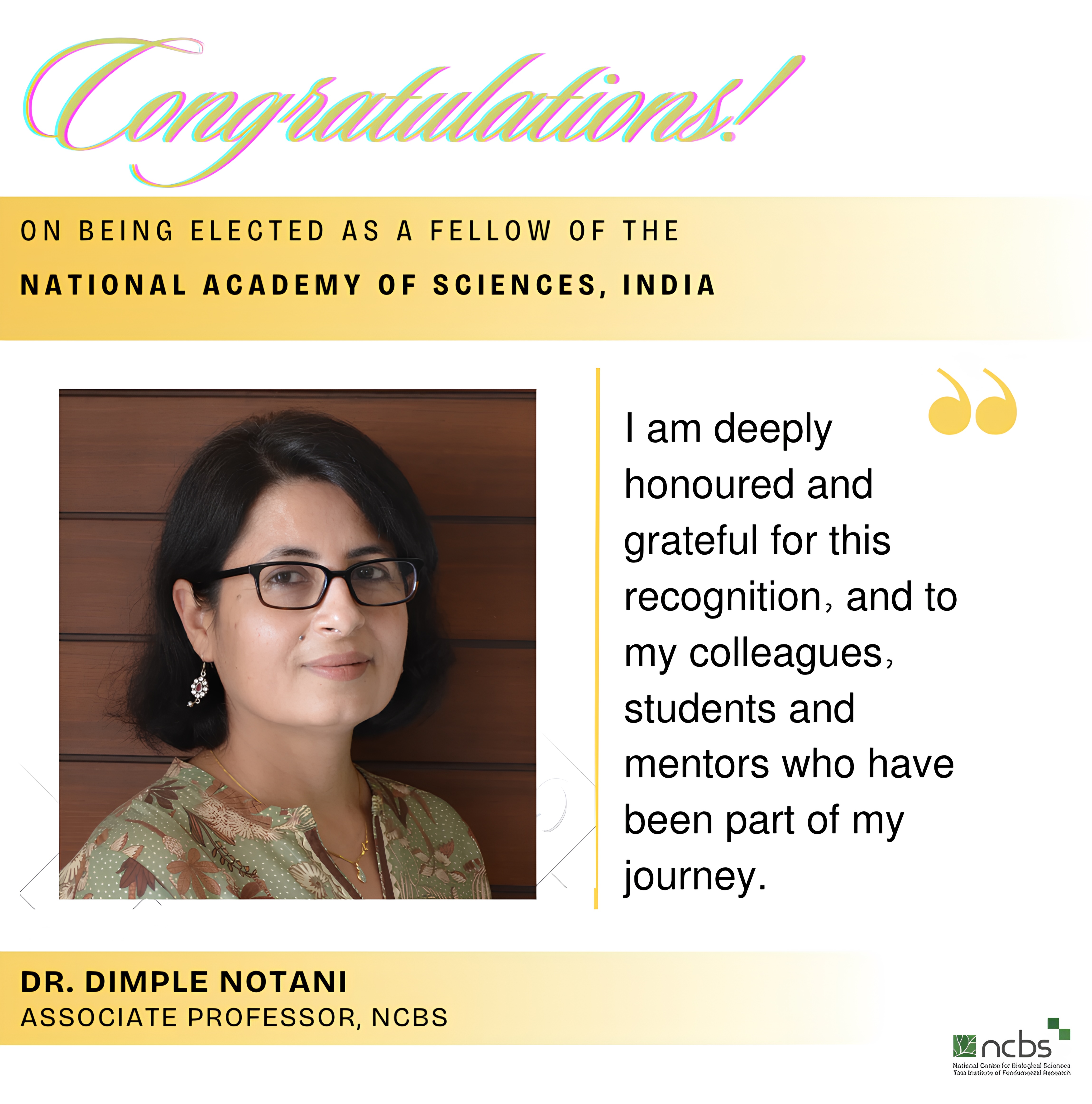 Dr. Dimple Notani elected as a Fellow of the National Academy of Sciences, India
