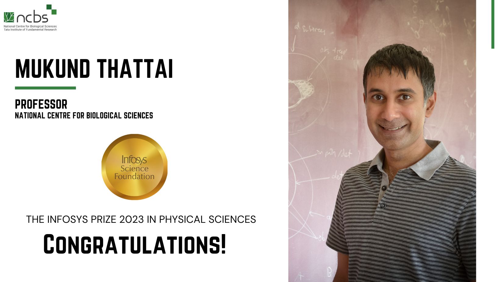NCBS Scientist Mukund Thattai Awarded INFOSYS PRIZE  2023 in Physical Sciences