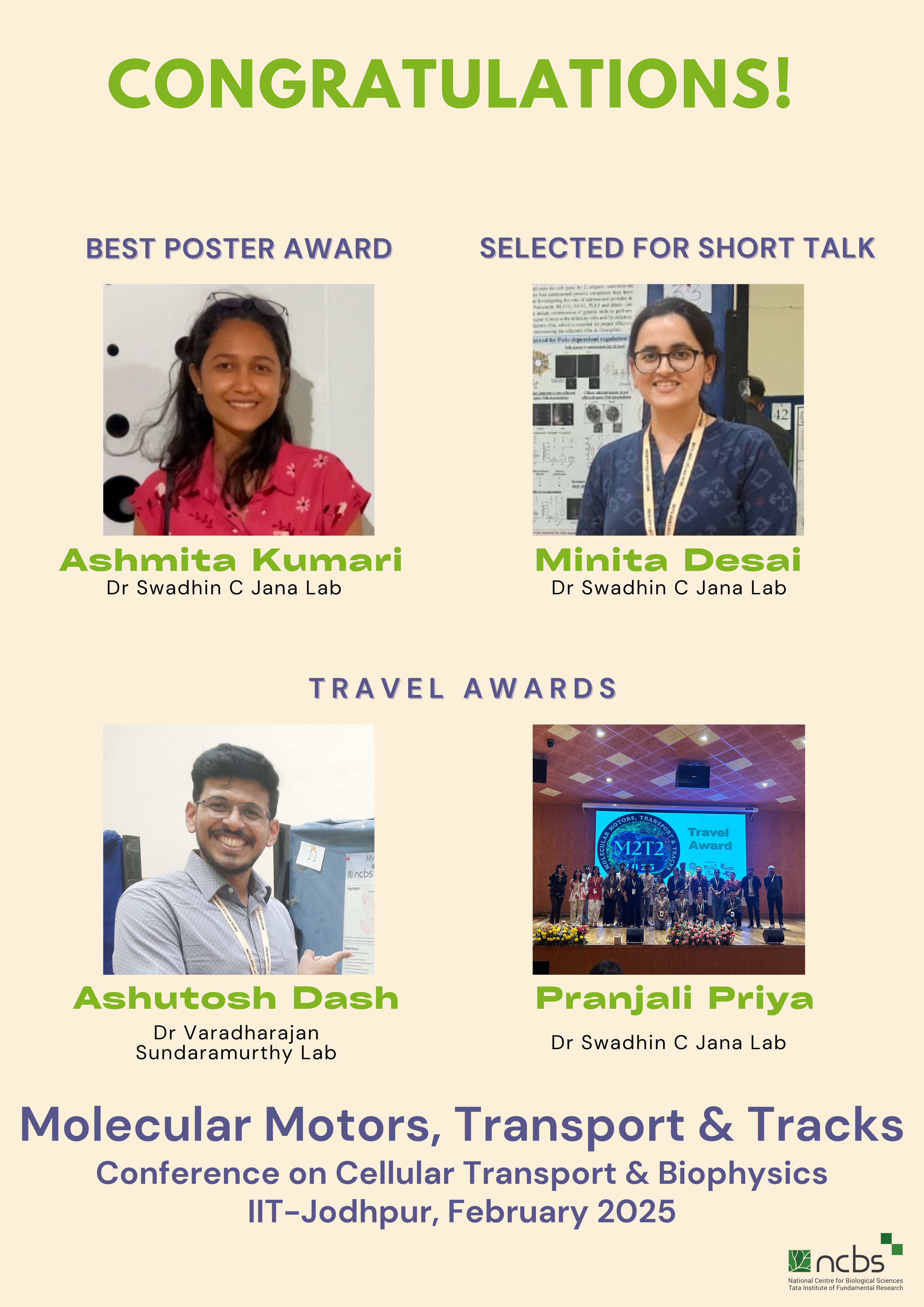 NCBS students win multiple awards at Cellular Transport and Biophysics conference, IIT Jodhpur