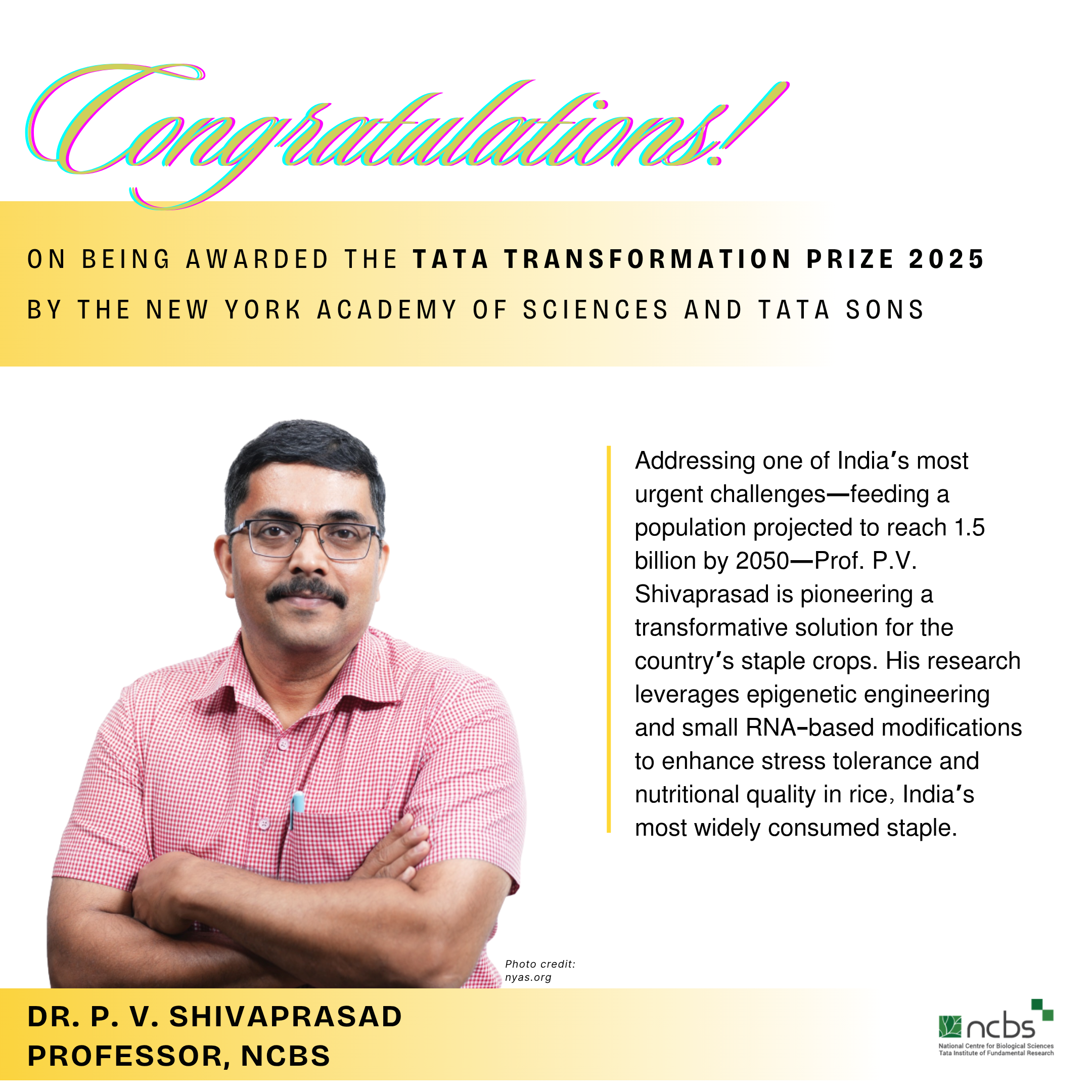 Professor P. V. Shivaprasad receives the 2025 Tata Transformation Prize