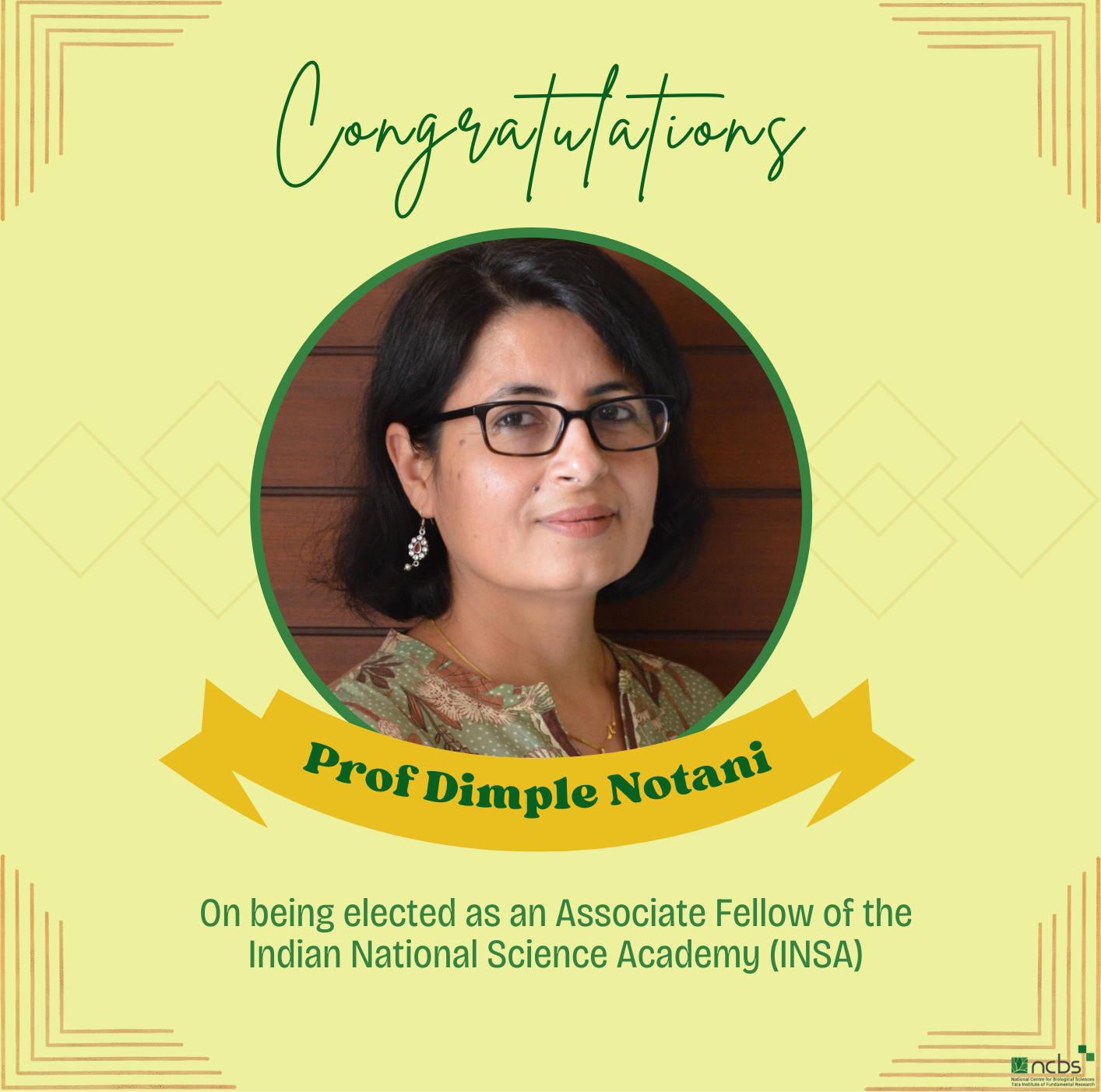 Prof. Dimple Notani selected as an Associate Fellow of the Indian National Science Academy (INSA)