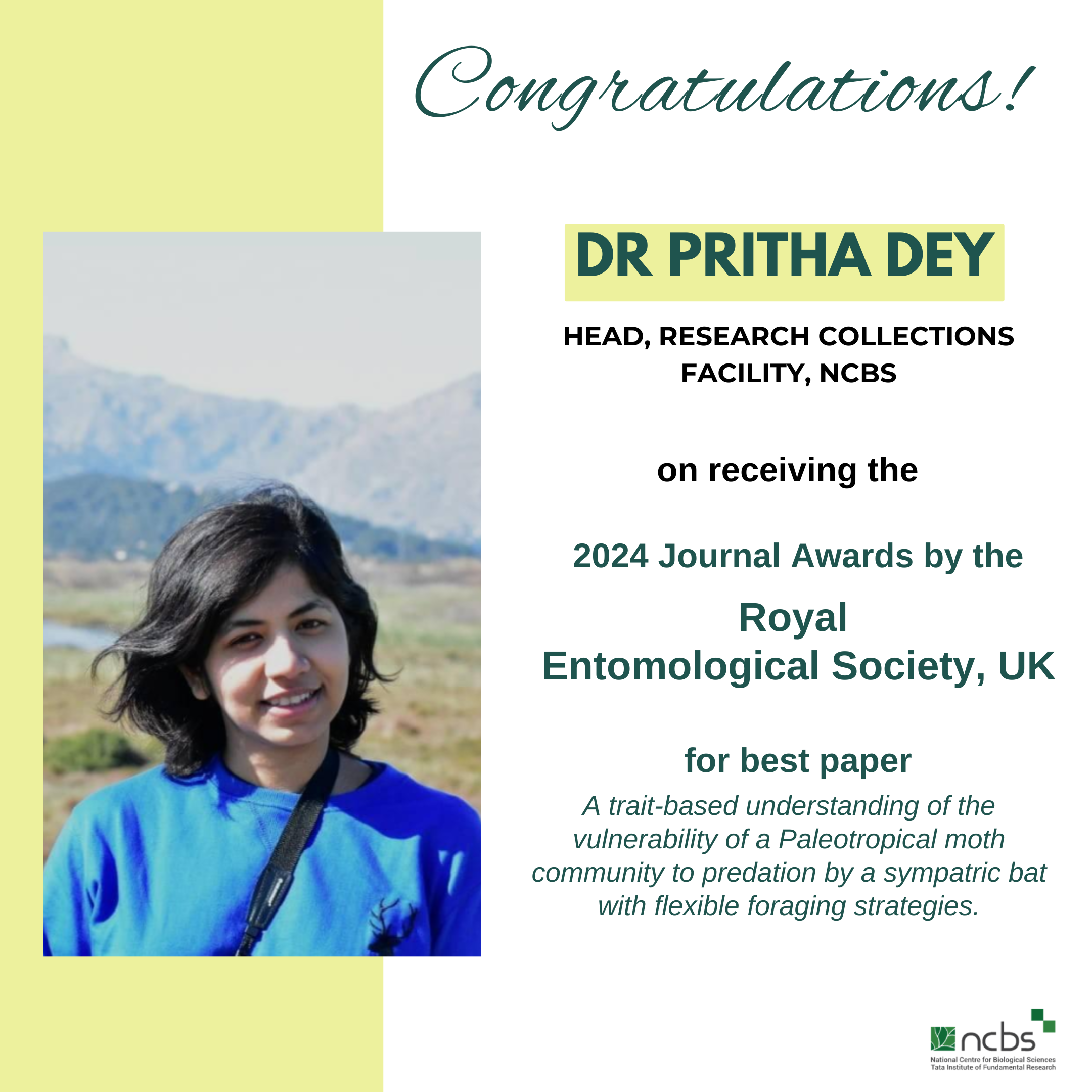 Dr Pritha Dey wins 2024 Journal Awards by Royal Entomological Society, UK